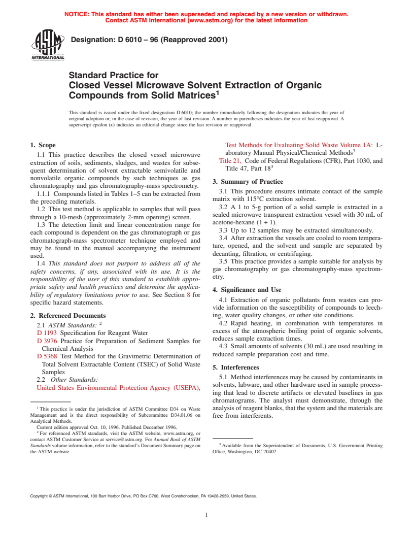ASTM D6010-96(2001) - Standard Practice for Closed Vessel Microwave Solvent Extraction of Organic Compounds from Solid Matrices