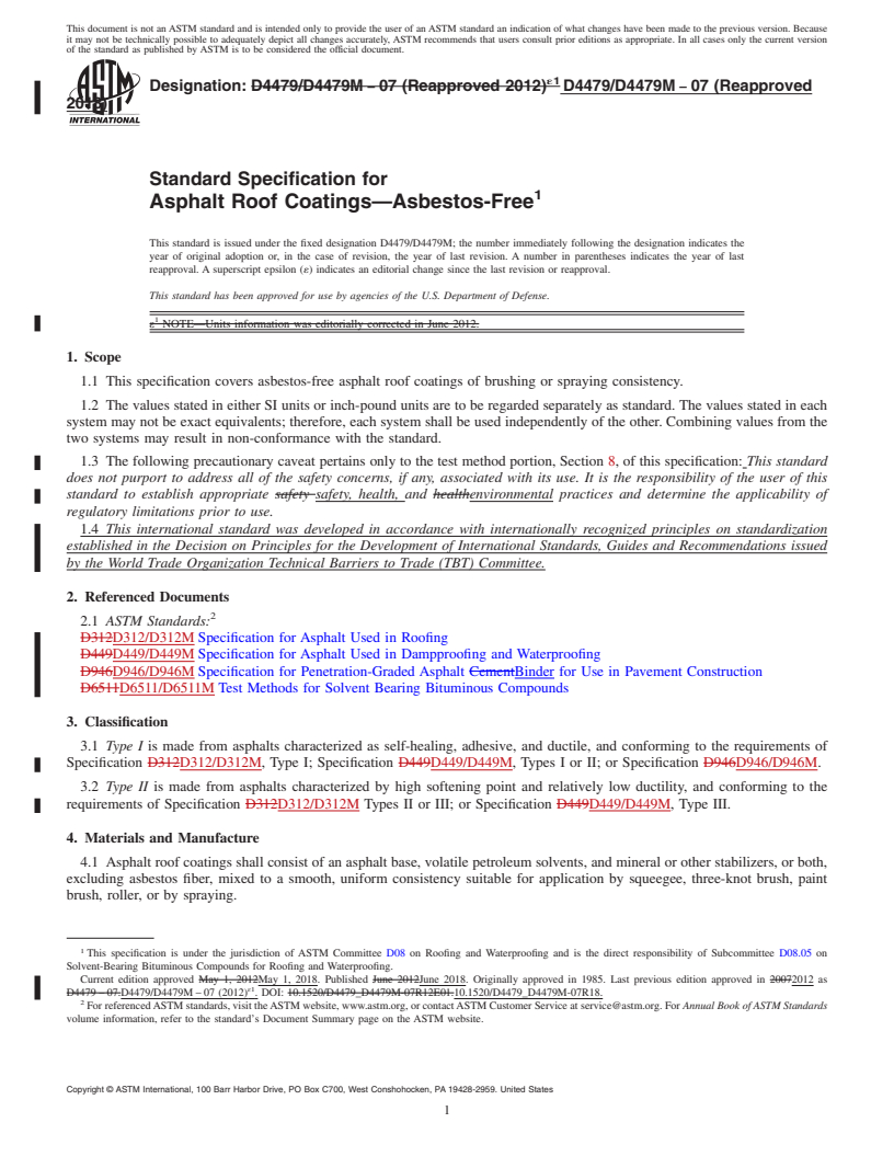 REDLINE ASTM D4479/D4479M-07(2018) - Standard Specification for  Asphalt Roof Coatings—Asbestos-Free