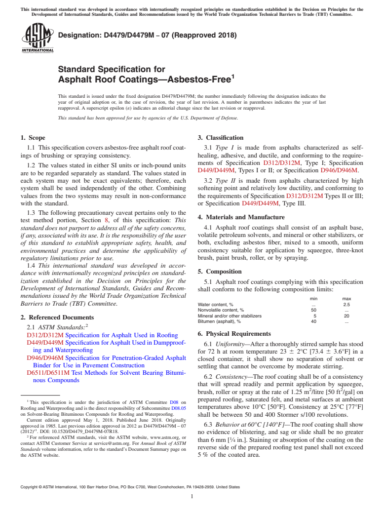 ASTM D4479/D4479M-07(2018) - Standard Specification for  Asphalt Roof Coatings&#x2014;Asbestos-Free