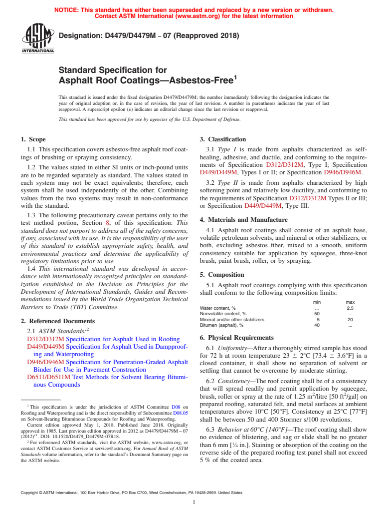 ASTM D4479/D4479M-07(2018) - Standard Specification for  Asphalt Roof Coatings—Asbestos-Free