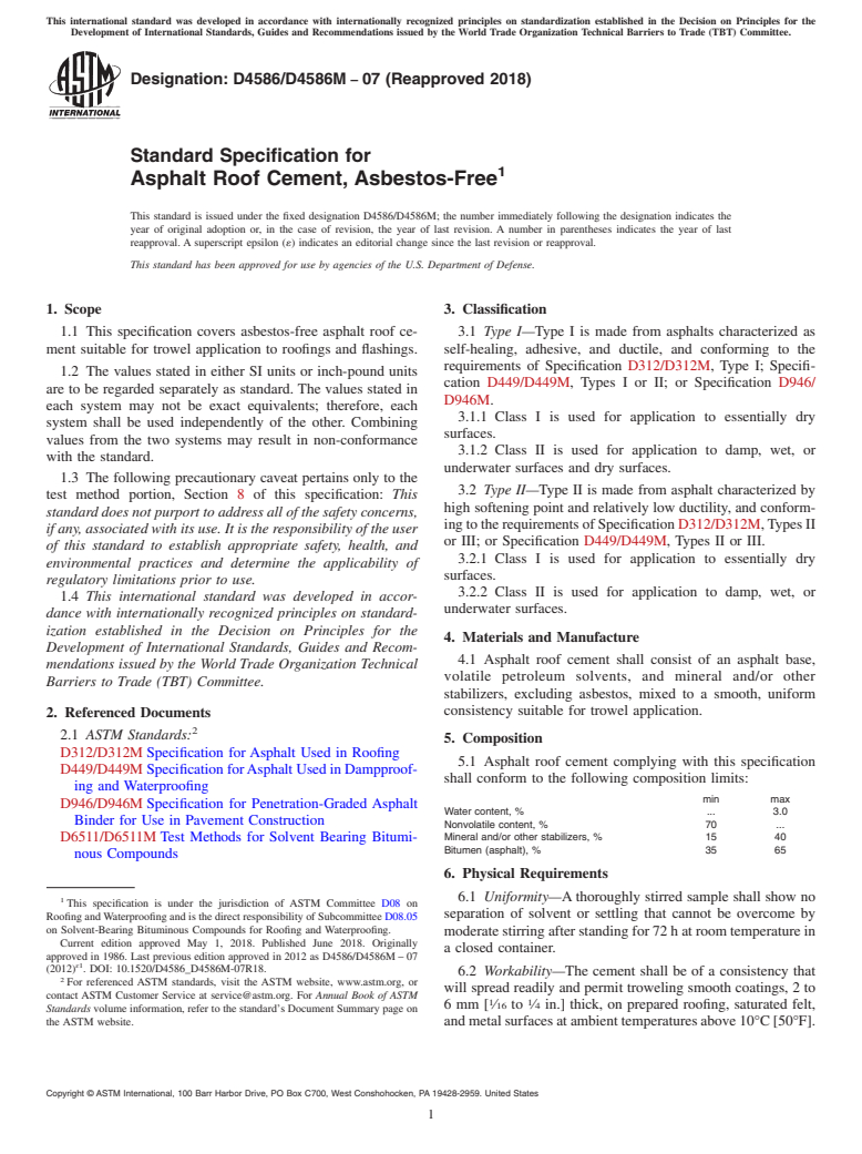 ASTM D4586/D4586M-07(2018) - Standard Specification for  Asphalt Roof Cement, Asbestos-Free