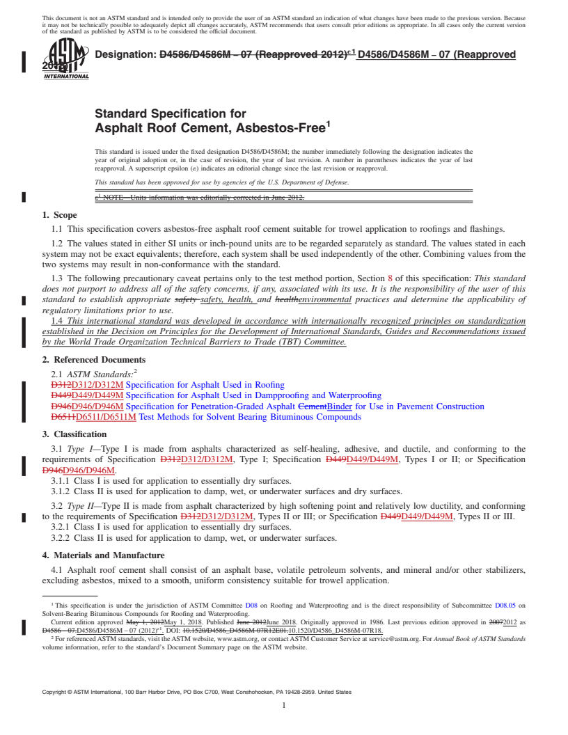 REDLINE ASTM D4586/D4586M-07(2018) - Standard Specification for  Asphalt Roof Cement, Asbestos-Free