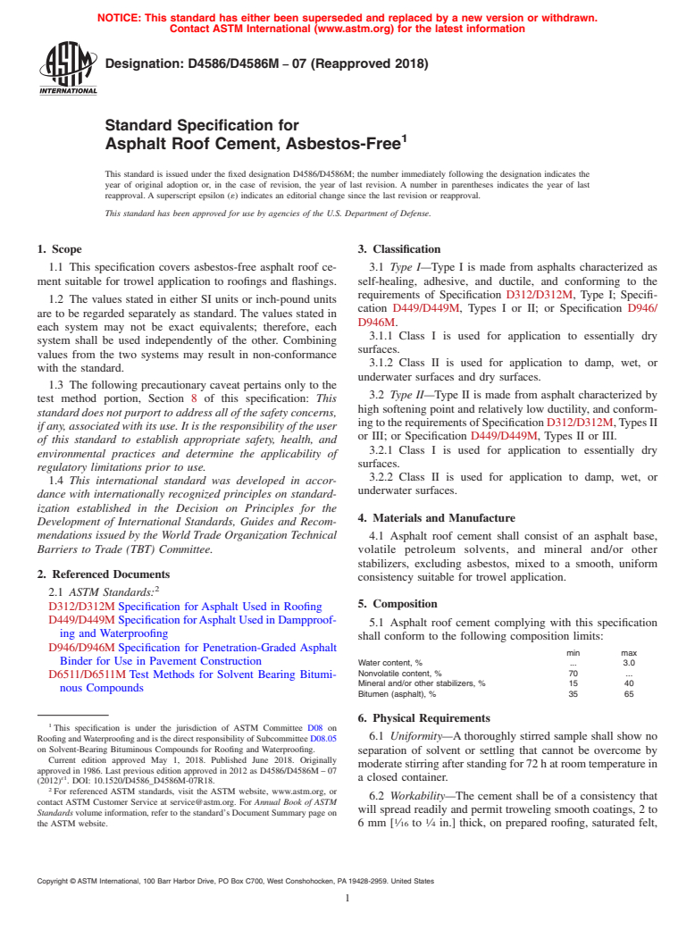 ASTM D4586/D4586M-07(2018) - Standard Specification for  Asphalt Roof Cement, Asbestos-Free