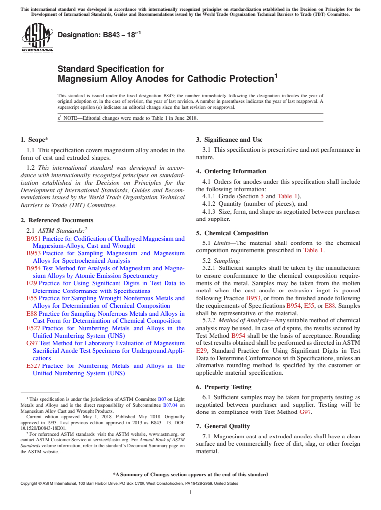 ASTM B843-18e1 - Standard Specification for  Magnesium Alloy Anodes for Cathodic Protection