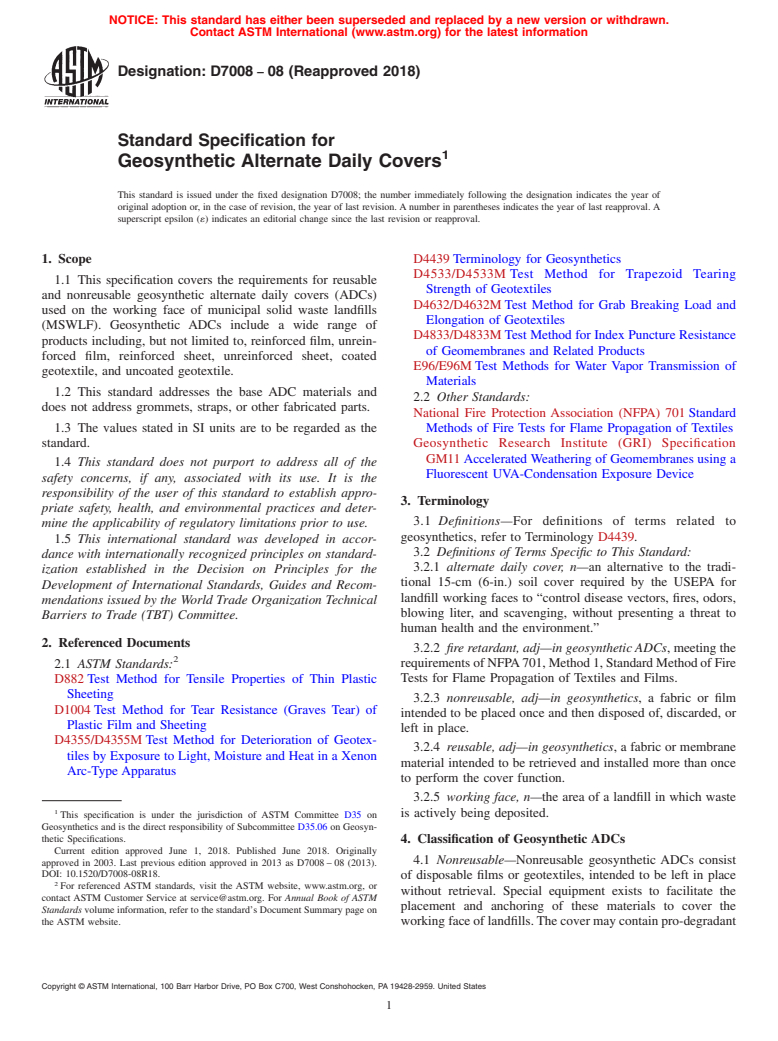 ASTM D7008-08(2018) - Standard Specification for  Geosynthetic Alternate Daily Covers