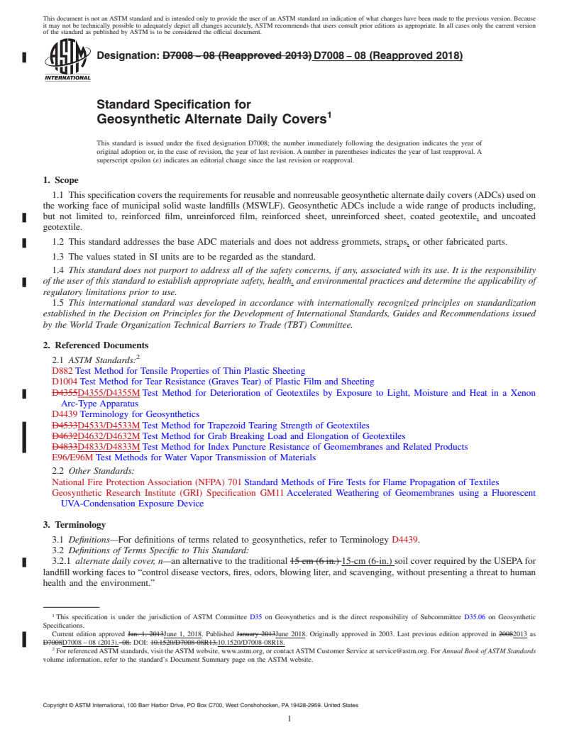 REDLINE ASTM D7008-08(2018) - Standard Specification for  Geosynthetic Alternate Daily Covers