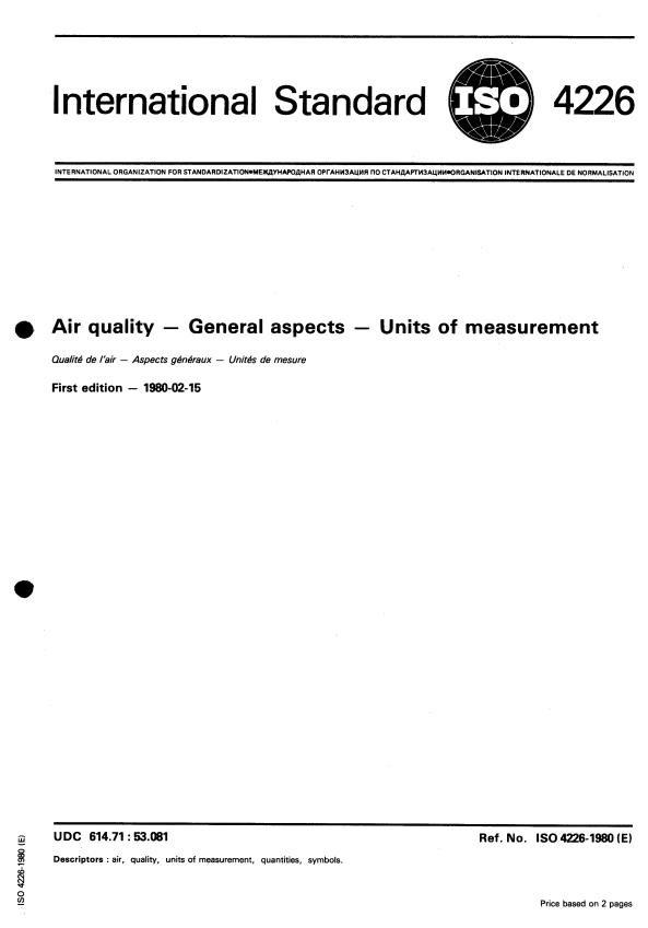 ISO 4226:1980 - Air quality -- General aspects -- Units of measurement