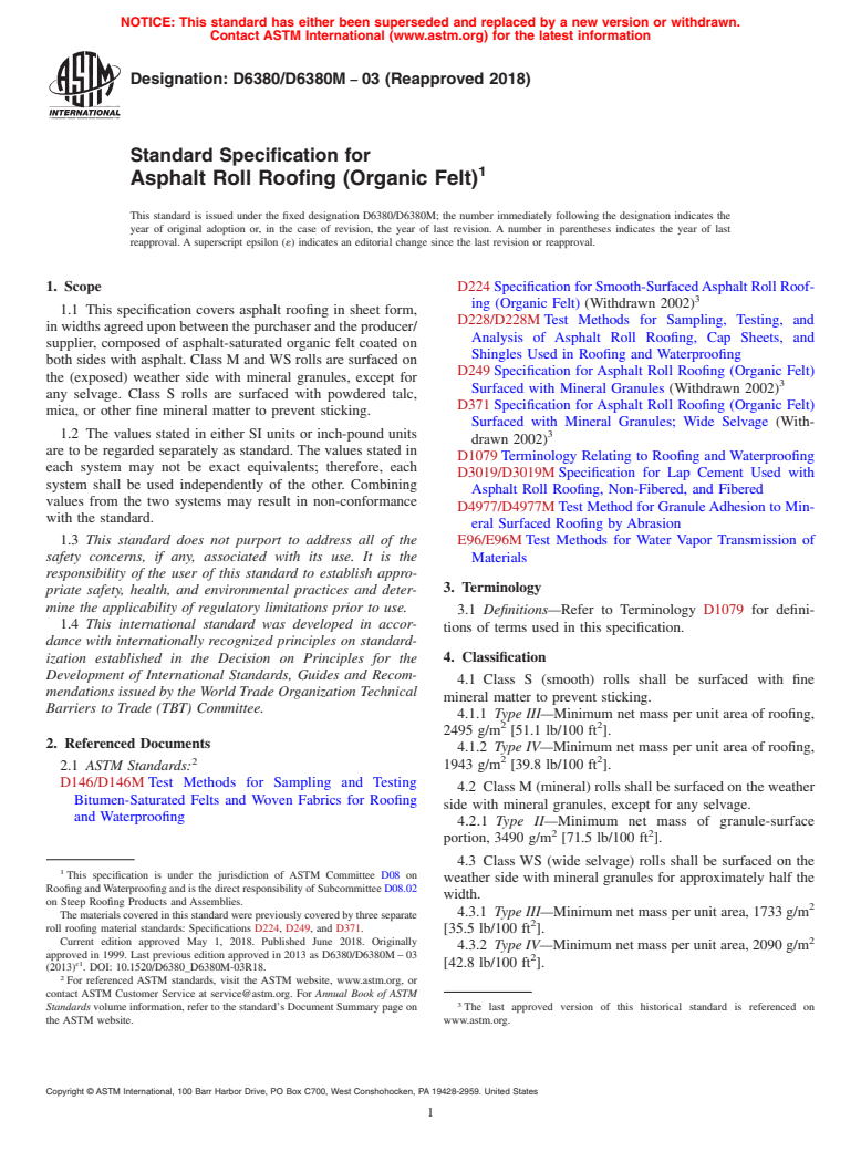 ASTM D6380/D6380M-03(2018) - Standard Specification for  Asphalt Roll Roofing (Organic Felt)