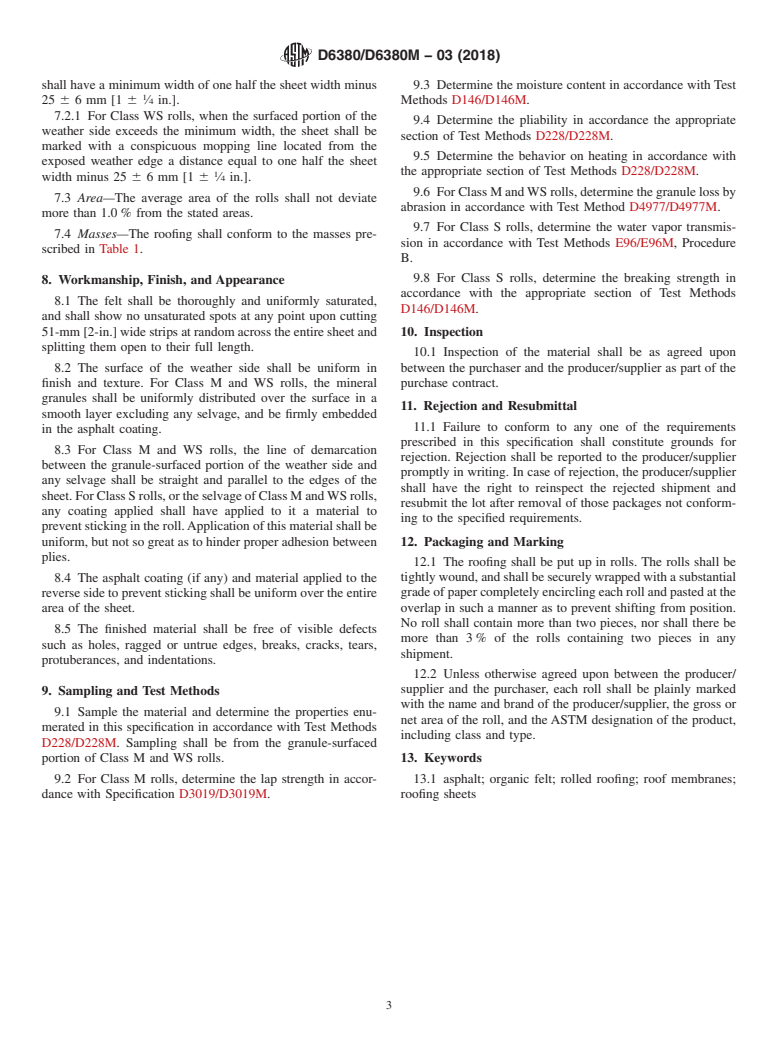 ASTM D6380/D6380M-03(2018) - Standard Specification for  Asphalt Roll Roofing (Organic Felt)