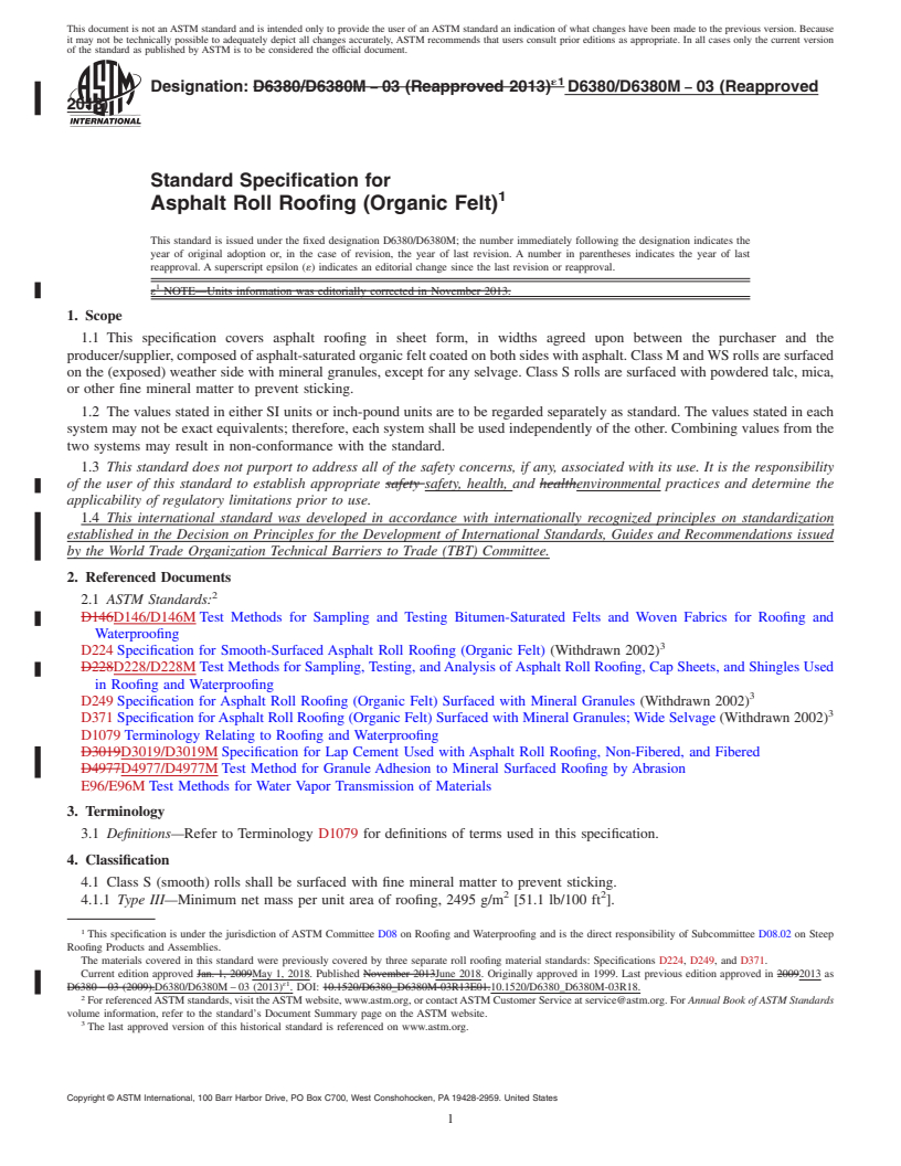 REDLINE ASTM D6380/D6380M-03(2018) - Standard Specification for  Asphalt Roll Roofing (Organic Felt)