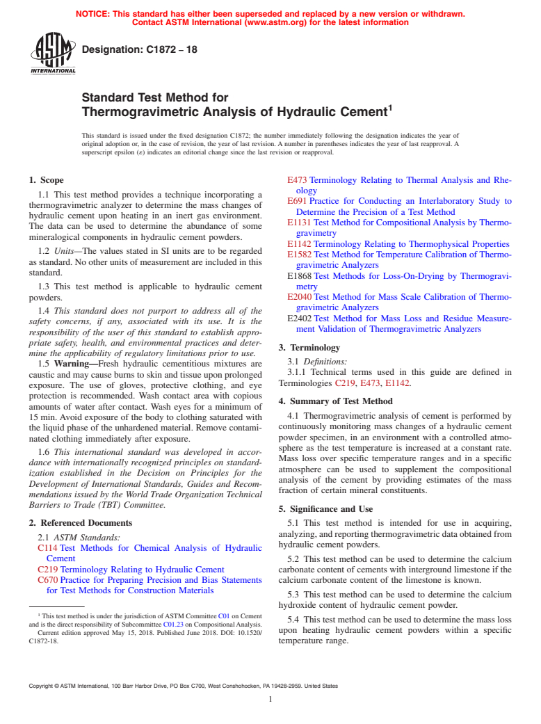 ASTM C1872-18 - Standard Test Method for Thermogravimetric Analysis of Hydraulic Cement