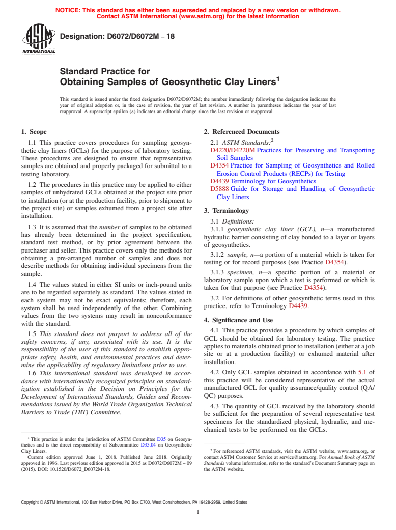 ASTM D6072/D6072M-18 - Standard Practice for Obtaining Samples of Geosynthetic Clay Liners