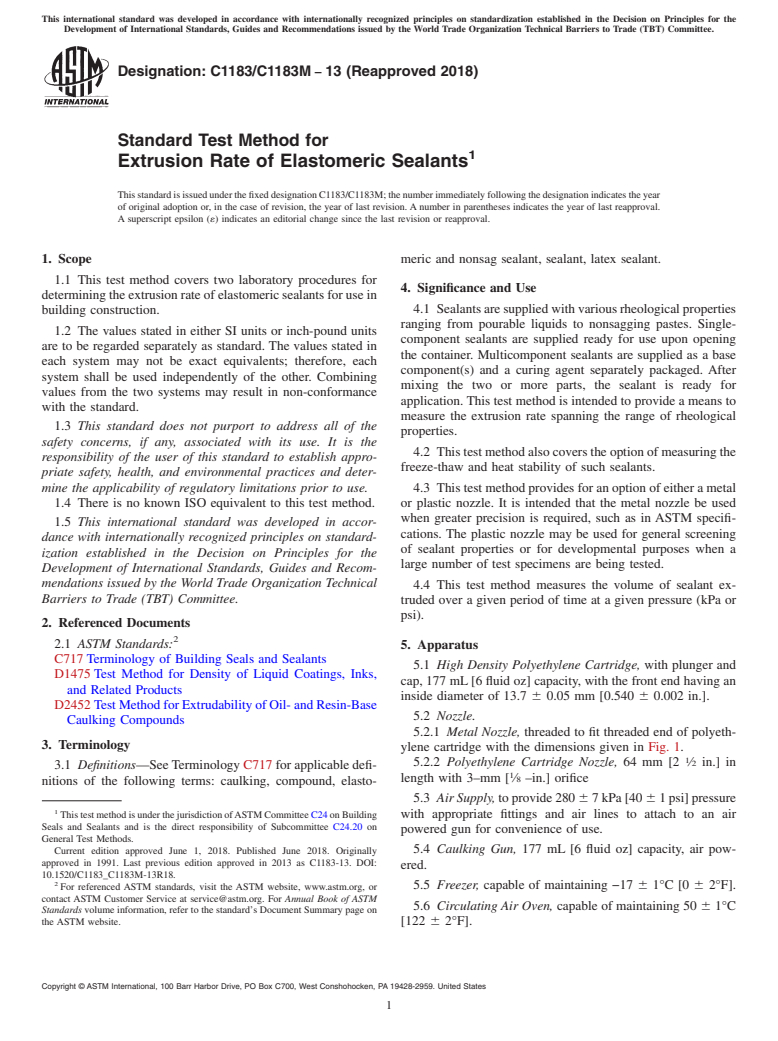 ASTM C1183/C1183M-13(2018) - Standard Test Method for  Extrusion Rate of Elastomeric Sealants