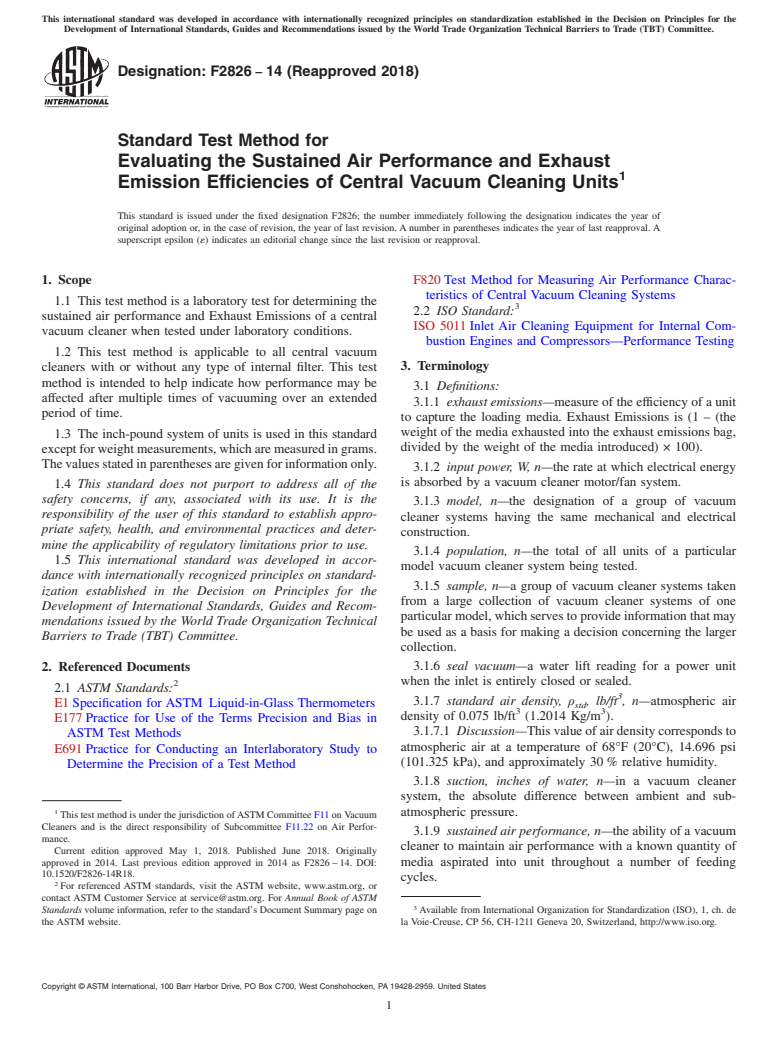 ASTM F2826-14(2018) - Standard Test Method for Evaluating the Sustained Air Performance and Exhaust Emission  Efficiencies of Central Vacuum Cleaning Units