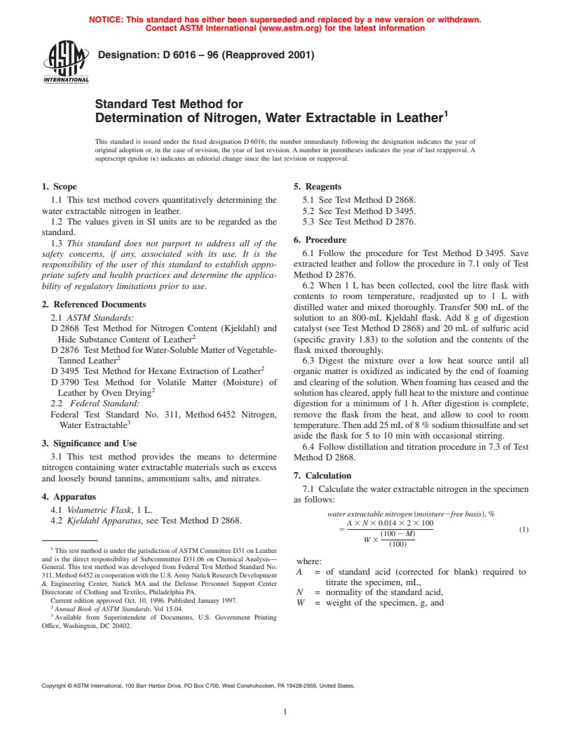 ASTM D6016-96(2001) - Standard Test Method for Determination of Nitrogen, Water Extractable in Leather