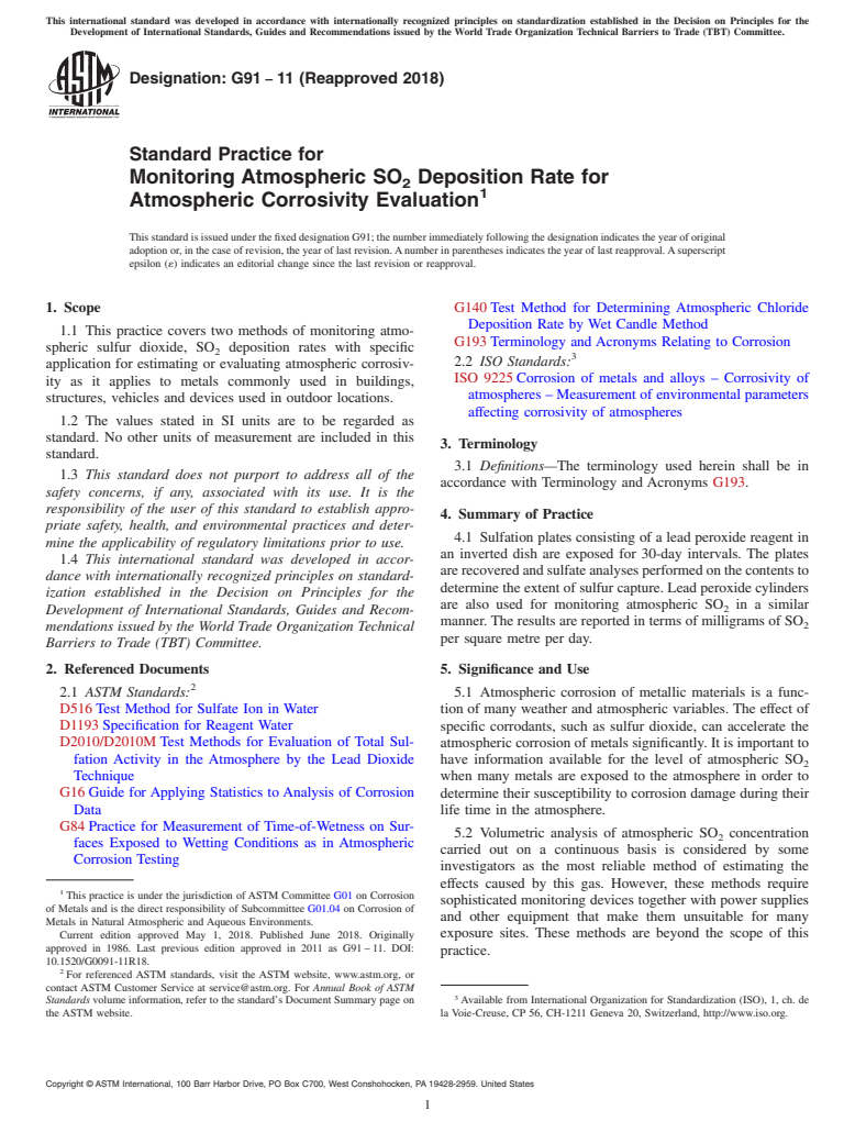 ASTM G91-11(2018) - Standard Practice for  Monitoring Atmospheric SO<inf>2</inf> Deposition Rate for Atmospheric  Corrosivity Evaluation