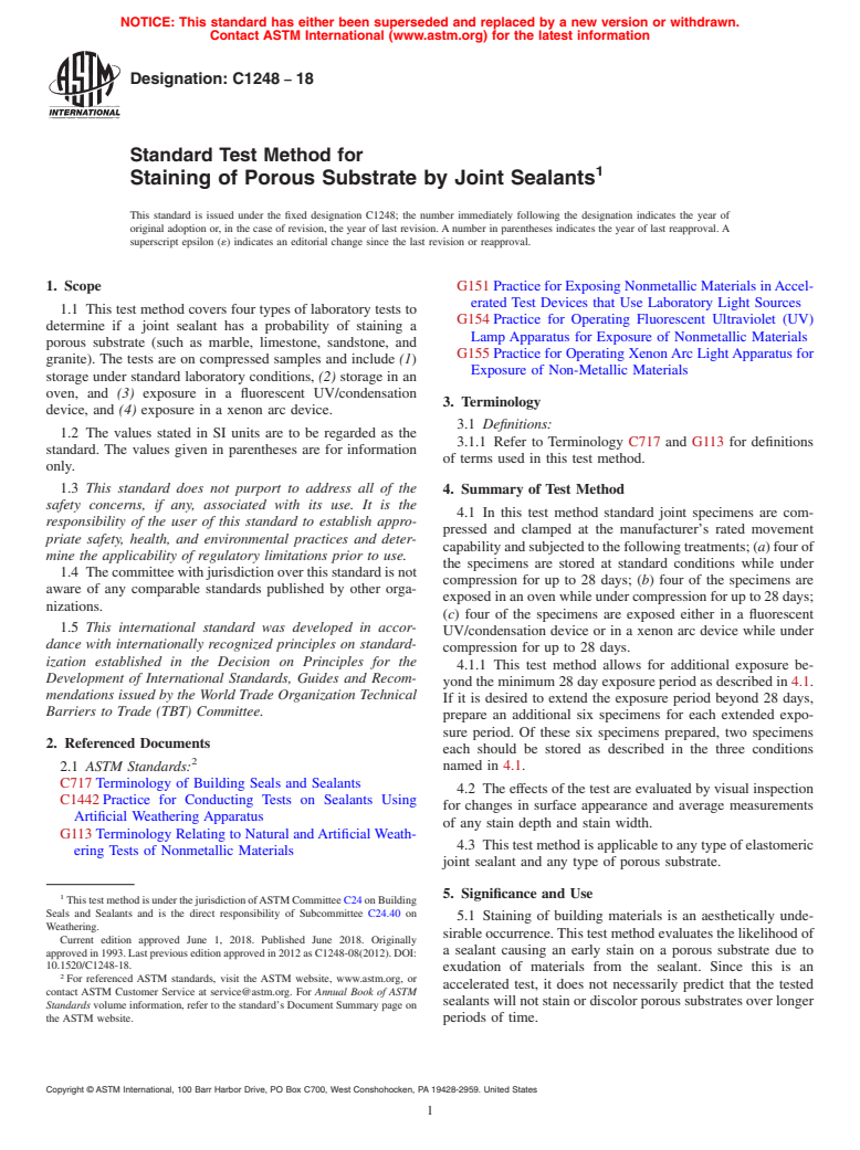 ASTM C1248-18 - Standard Test Method for  Staining of Porous Substrate by Joint Sealants