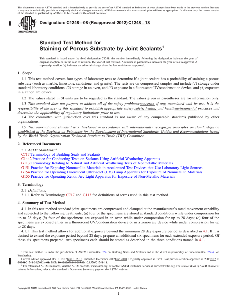 REDLINE ASTM C1248-18 - Standard Test Method for  Staining of Porous Substrate by Joint Sealants