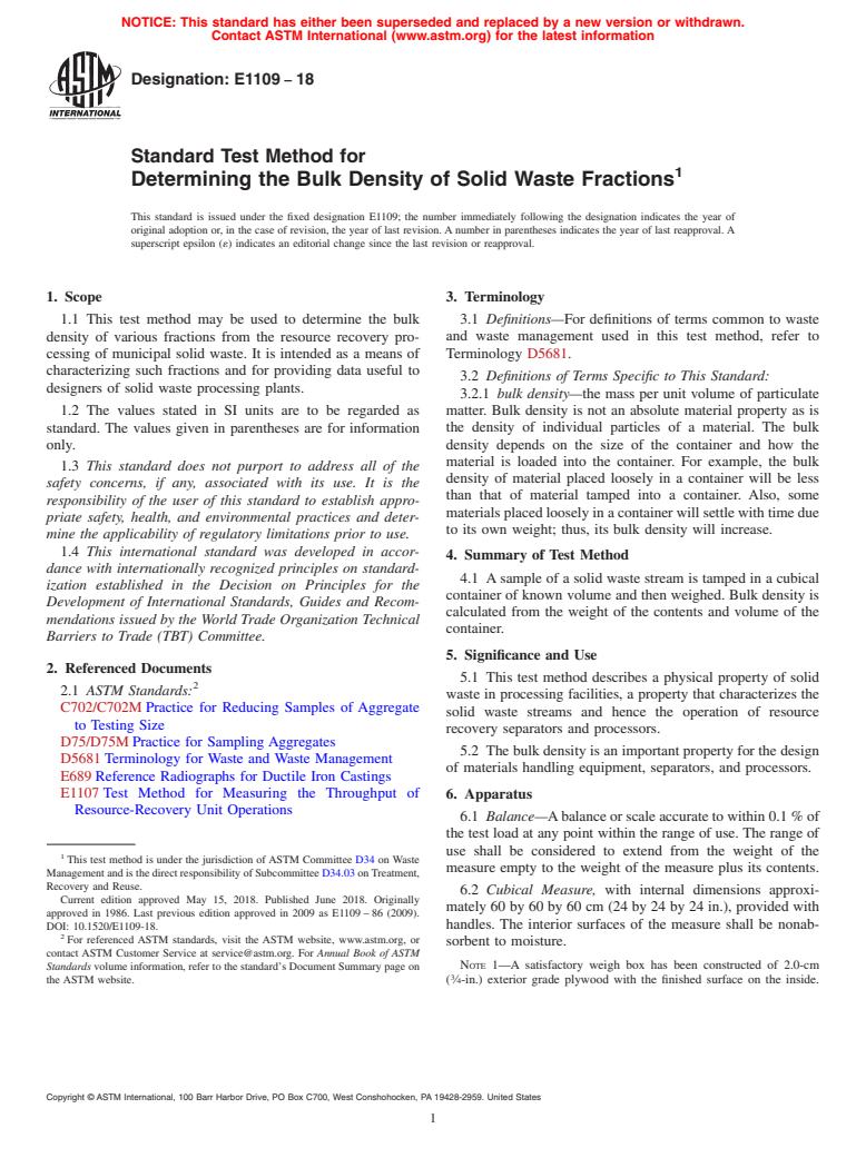 ASTM E1109-18 - Standard Test Method for  Determining the Bulk Density of Solid Waste Fractions