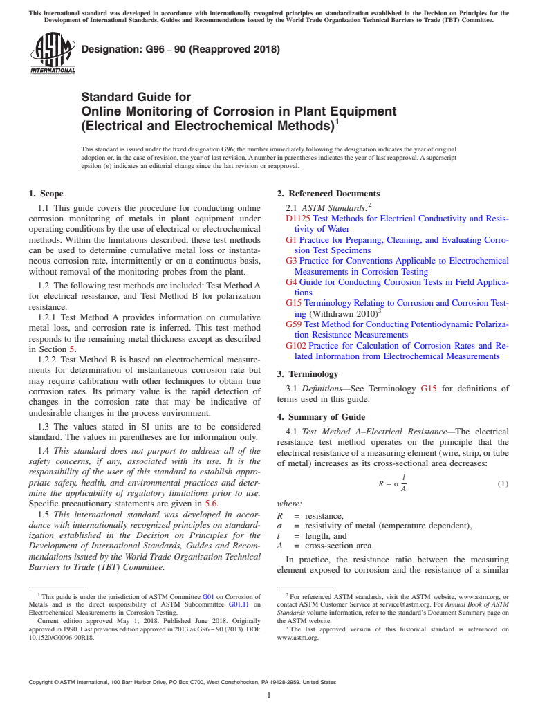 ASTM G96-90(2018) - Standard Guide for  Online Monitoring of Corrosion in Plant Equipment (Electrical  and Electrochemical Methods)