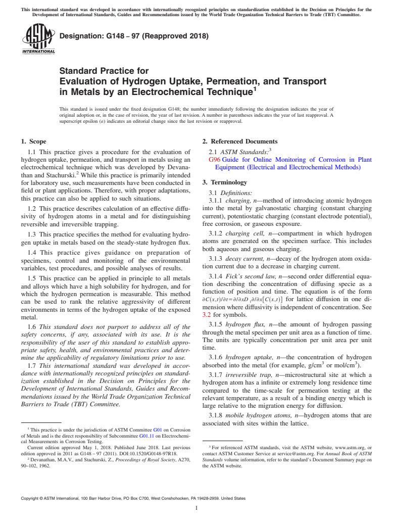 ASTM G148-97(2018) - Standard Practice for  Evaluation of Hydrogen Uptake, Permeation, and Transport in  Metals by an Electrochemical Technique