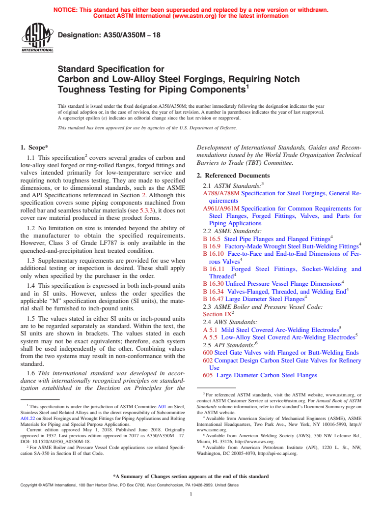ASTM A350/A350M-18 - Standard Specification for  Carbon and Low-Alloy Steel Forgings, Requiring Notch Toughness   Testing for Piping Components