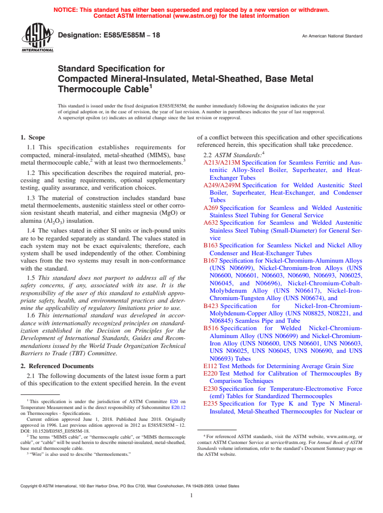 ASTM E585/E585M-18 - Standard Specification for  Compacted Mineral-Insulated, Metal-Sheathed, Base Metal Thermocouple  Cable