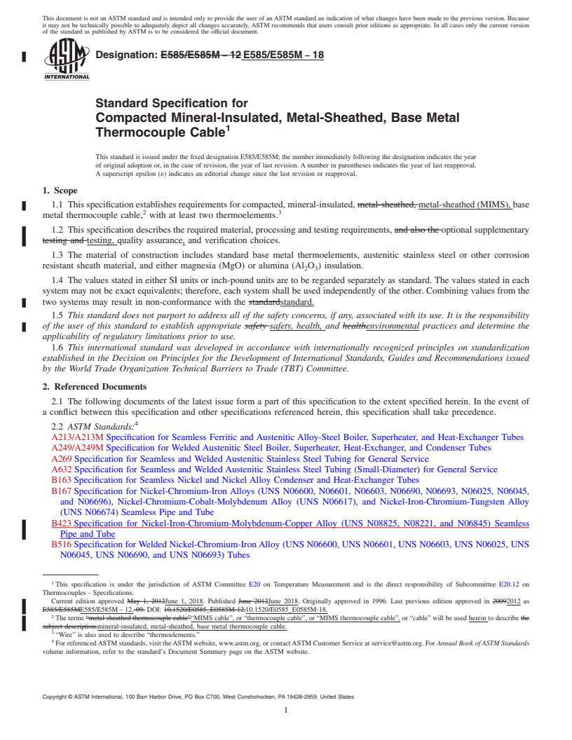 REDLINE ASTM E585/E585M-18 - Standard Specification for  Compacted Mineral-Insulated, Metal-Sheathed, Base Metal Thermocouple  Cable