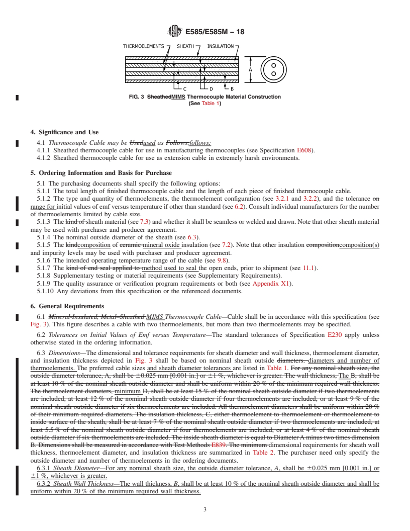 REDLINE ASTM E585/E585M-18 - Standard Specification for  Compacted Mineral-Insulated, Metal-Sheathed, Base Metal Thermocouple  Cable
