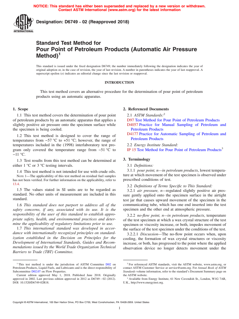 ASTM D6749-02(2018) - Standard Test Method for  Pour Point of Petroleum Products (Automatic Air Pressure Method)