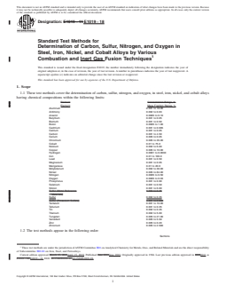 ASTM E1019-18 REDLINE ASTM E1019-18 - Standard Test Methods for Determination of Carbon, Sulfur, Nitrogen, and Oxygen in Steel, Iron, Nickel, and Cobalt Alloys by Various Combustion and Inert Gas Fusion Techniques - Page 1 preview