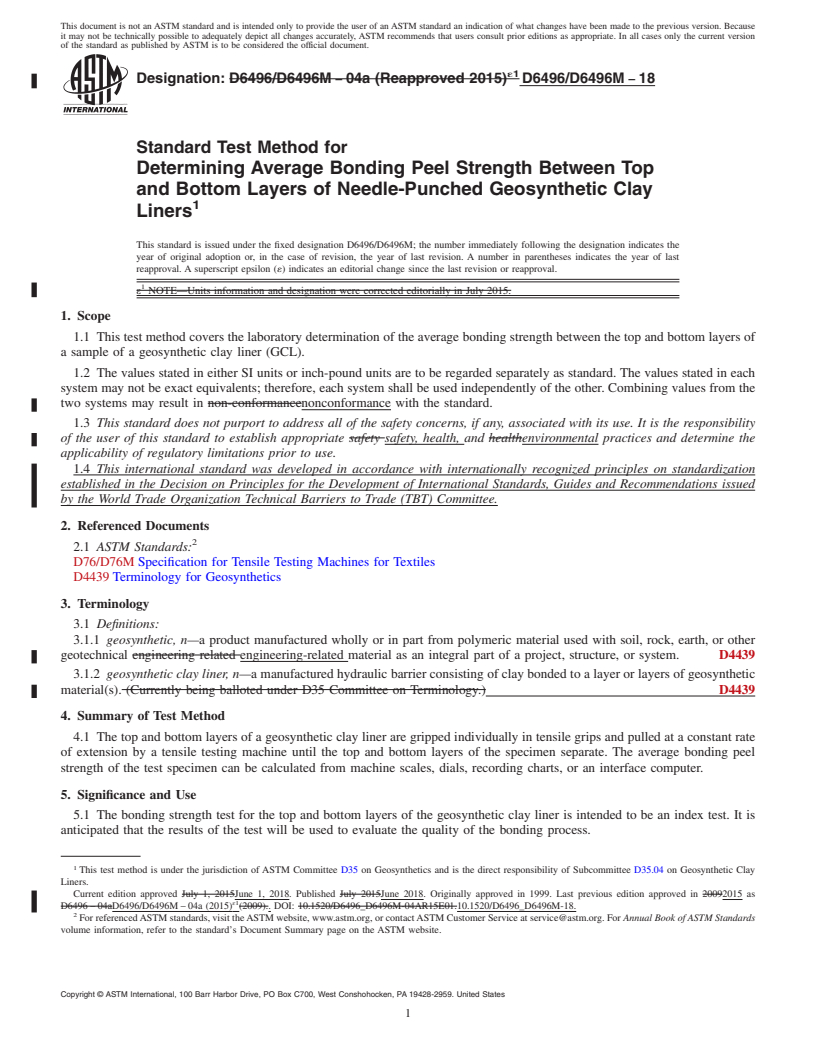 REDLINE ASTM D6496/D6496M-18 - Standard Test Method for Determining Average Bonding Peel Strength Between Top and Bottom  Layers of Needle-Punched Geosynthetic Clay Liners