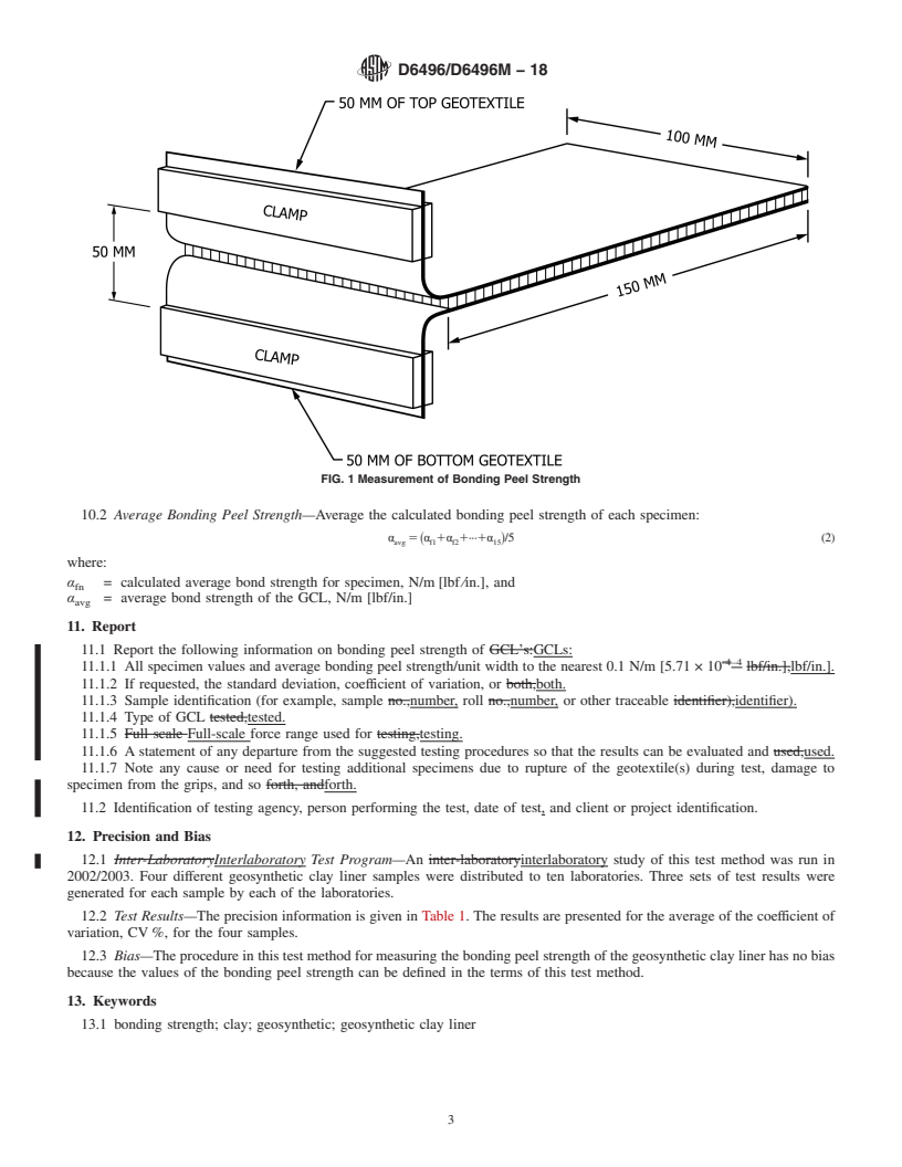 REDLINE ASTM D6496/D6496M-18 - Standard Test Method for Determining Average Bonding Peel Strength Between Top and Bottom  Layers of Needle-Punched Geosynthetic Clay Liners