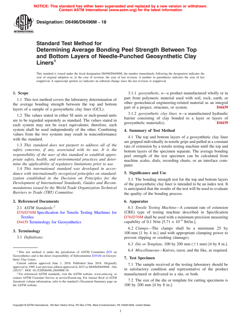 ASTM D6496/D6496M-18 - Standard Test Method for Determining Average Bonding Peel Strength Between Top and Bottom  Layers of Needle-Punched Geosynthetic Clay Liners