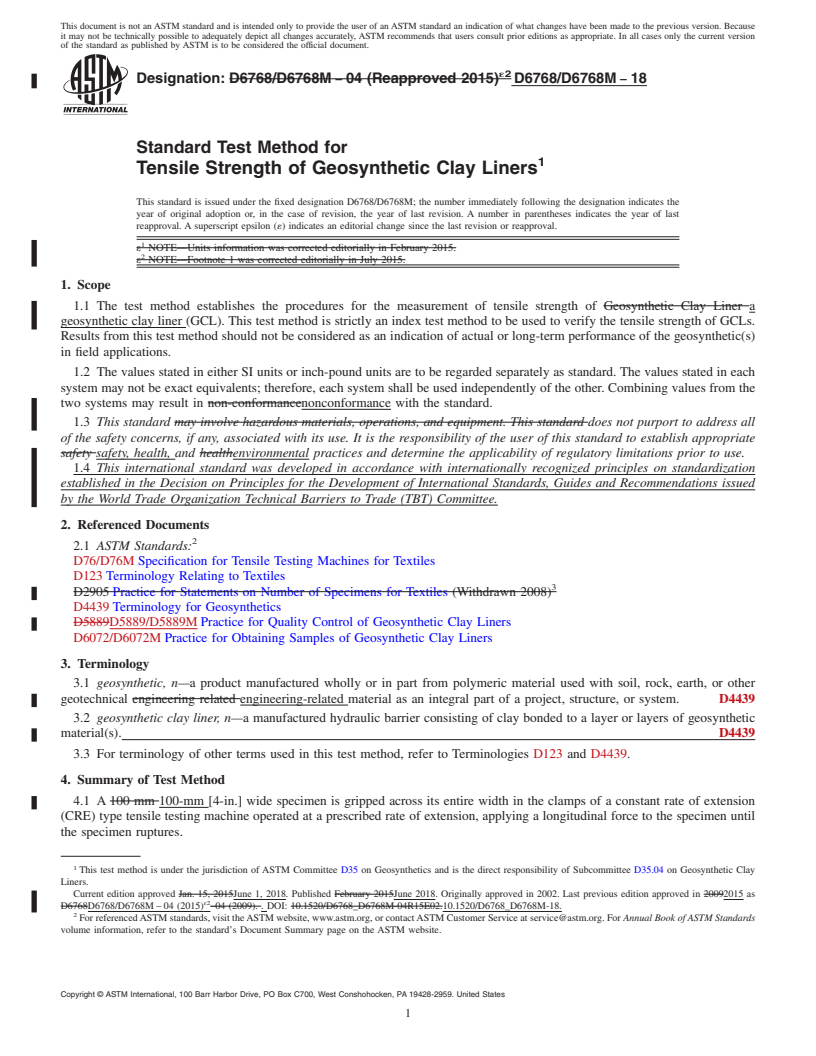 REDLINE ASTM D6768/D6768M-18 - Standard Test Method for Tensile Strength of Geosynthetic Clay Liners