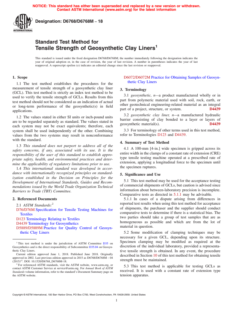 ASTM D6768/D6768M-18 - Standard Test Method for Tensile Strength of Geosynthetic Clay Liners