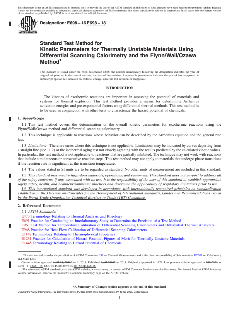 REDLINE ASTM E698-18 - Standard Test Method for  Kinetic Parameters for Thermally Unstable Materials Using Differential  Scanning Calorimetry and the Flynn/Wall/Ozawa Method