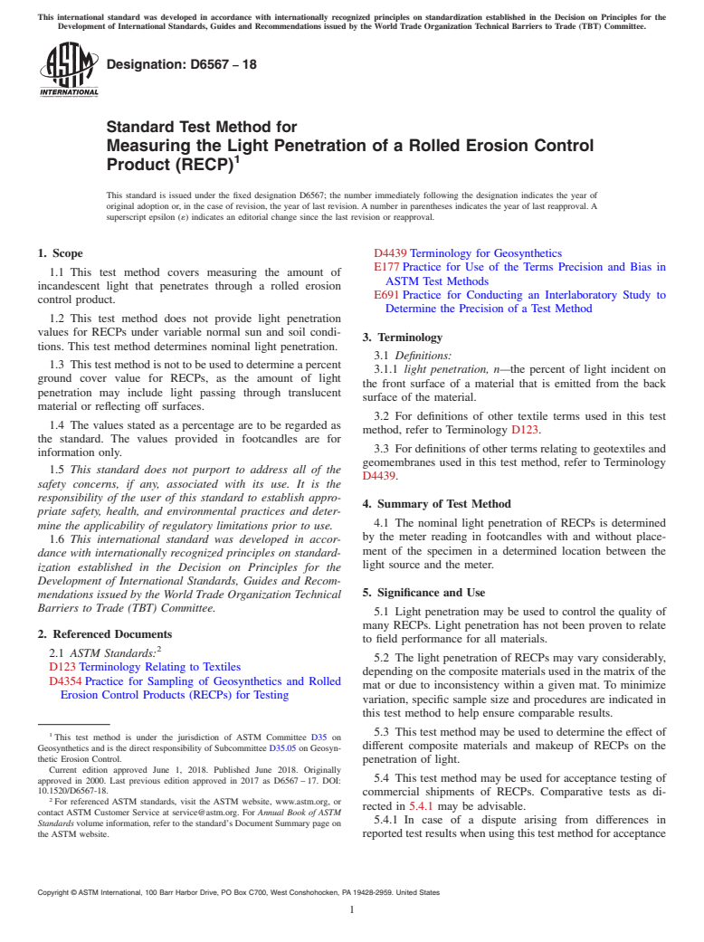 ASTM D6567-18 - Standard Test Method for  Measuring the Light Penetration of a Rolled Erosion Control  Product (RECP)