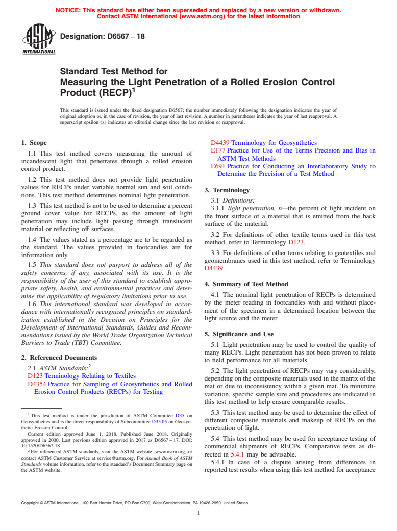 ASTM D6567-18 - Standard Test Method for  Measuring the Light Penetration of a Rolled Erosion Control  Product (RECP)