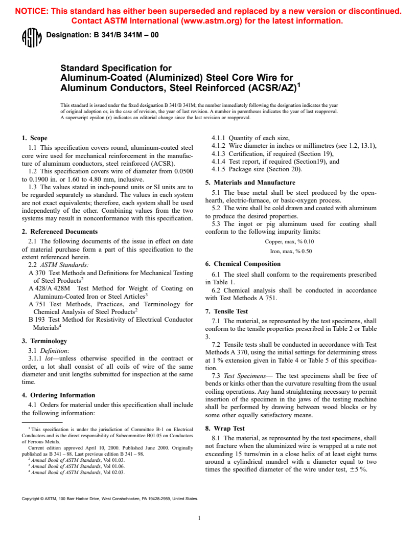 ASTM B341/B341M-00 - Standard Specification for Aluminum-Coated (Aluminized) Steel Core Wire for Aluminum Conductors, Steel Reinforced (ACSR/AZ)