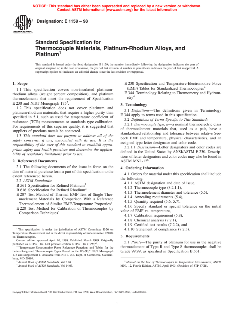 ASTM E1159-98 - Standard Specification for Thermocouple Materials, Platinum-Rhodium Alloys, and Platinum