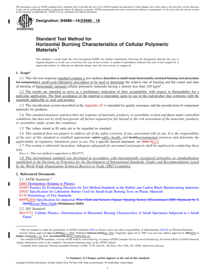 REDLINE ASTM D4986-18 - Standard Test Method for  Horizontal Burning Characteristics of Cellular Polymeric Materials