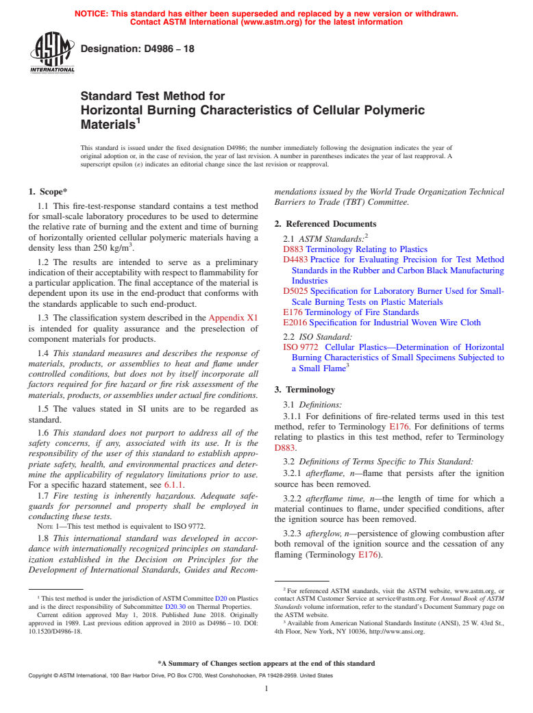 ASTM D4986-18 - Standard Test Method for  Horizontal Burning Characteristics of Cellular Polymeric Materials