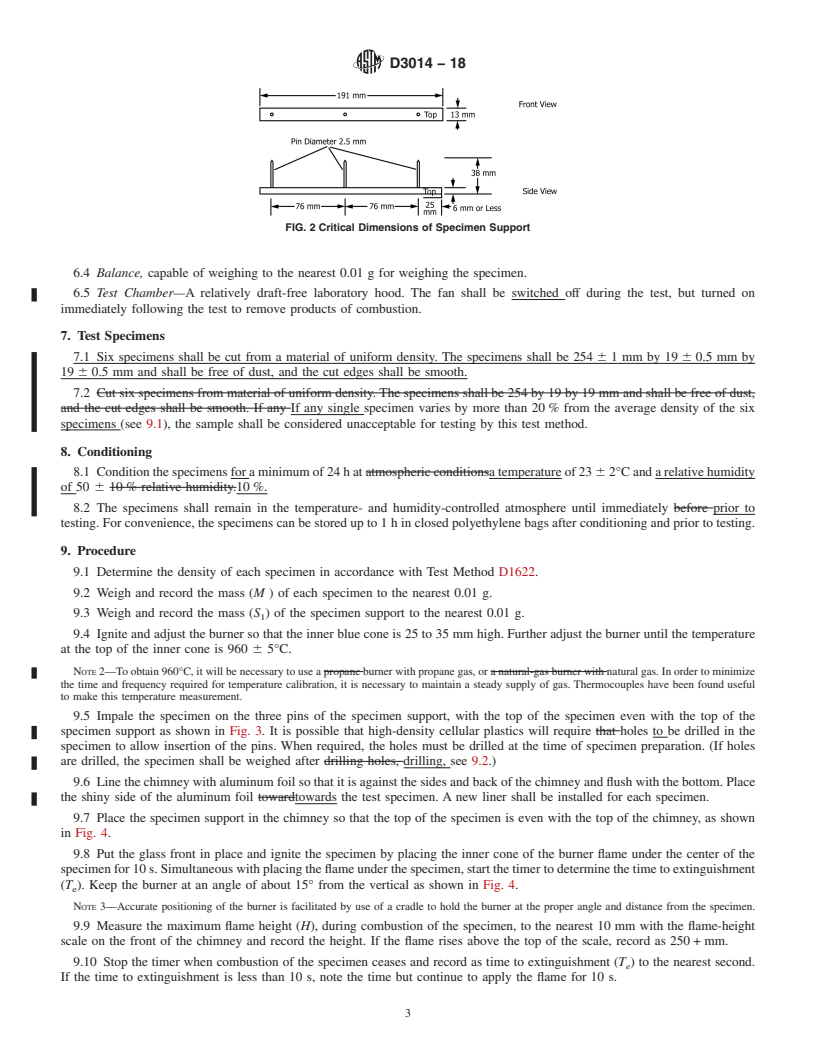 REDLINE ASTM D3014-18 - Standard Test Method for  Flame Height, Time of Burning, and Loss of Mass of Rigid Thermoset  Cellular Plastics in a Vertical Position