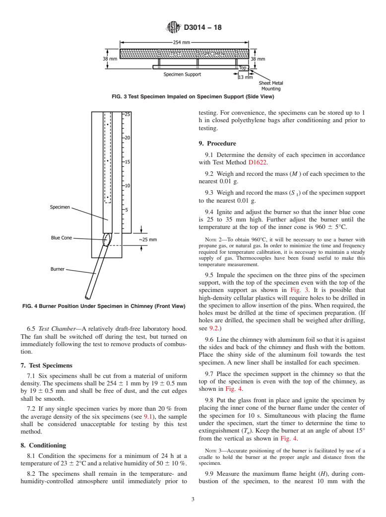 ASTM D3014-18 - Standard Test Method for  Flame Height, Time of Burning, and Loss of Mass of Rigid Thermoset  Cellular Plastics in a Vertical Position