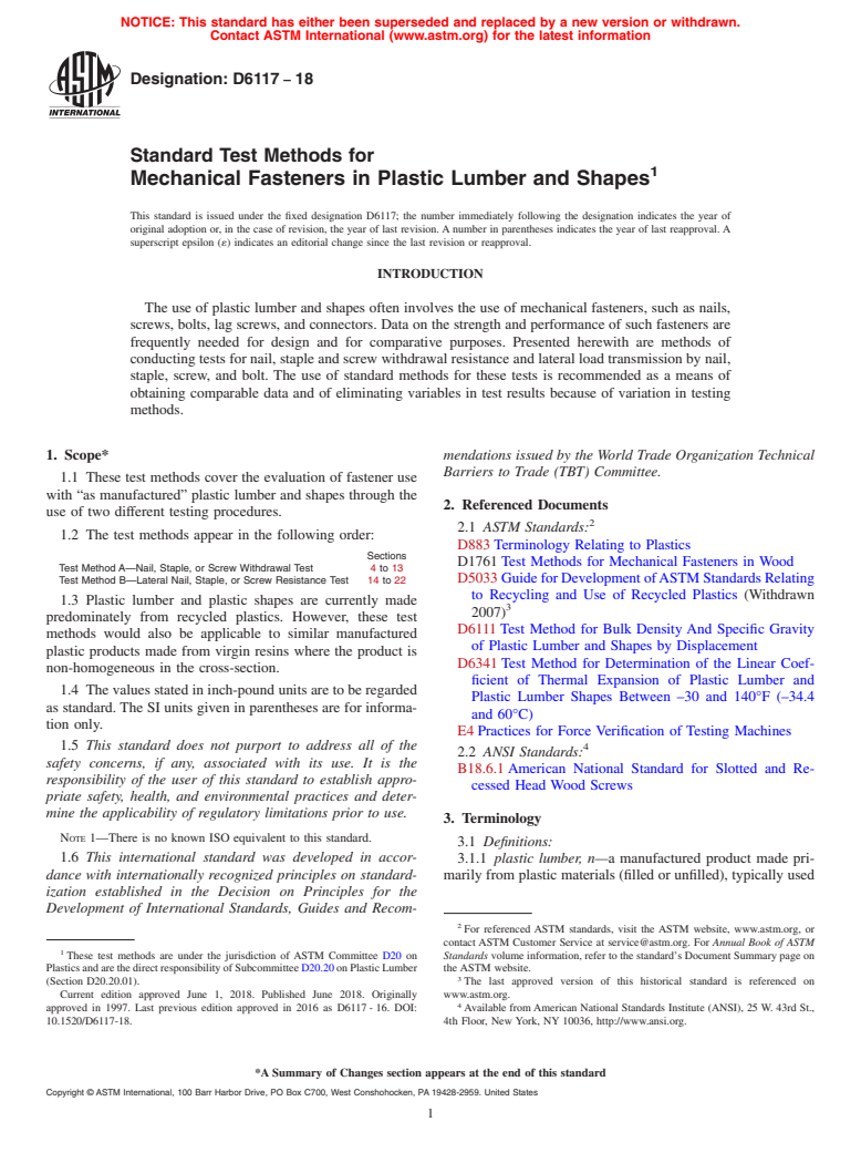 ASTM D6117-18 - Standard Test Methods for Mechanical Fasteners in Plastic Lumber and Shapes