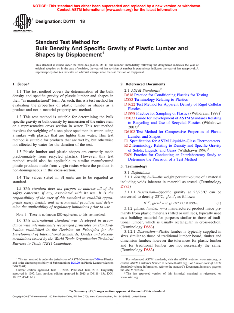 ASTM D6111-18 - Standard Test Method for Bulk Density And Specific Gravity of Plastic Lumber and Shapes  by Displacement