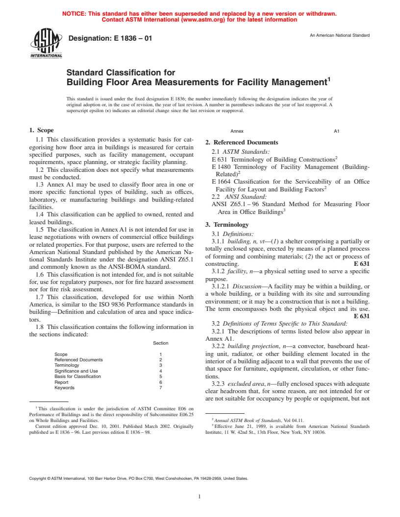 ASTM E1836-01 - Standard Classification for Building Floor Area Measurements for Facility Management