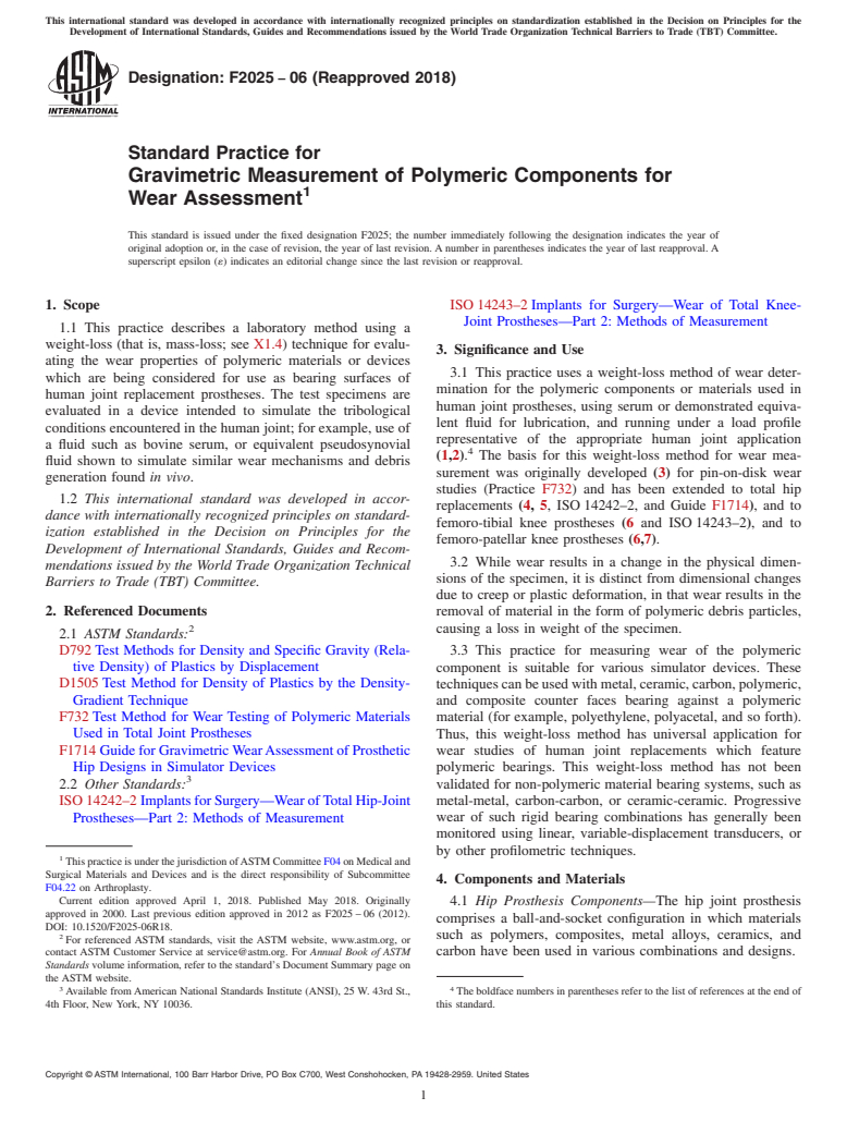 ASTM F2025-06(2018) - Standard Practice for  Gravimetric Measurement of Polymeric Components for Wear Assessment