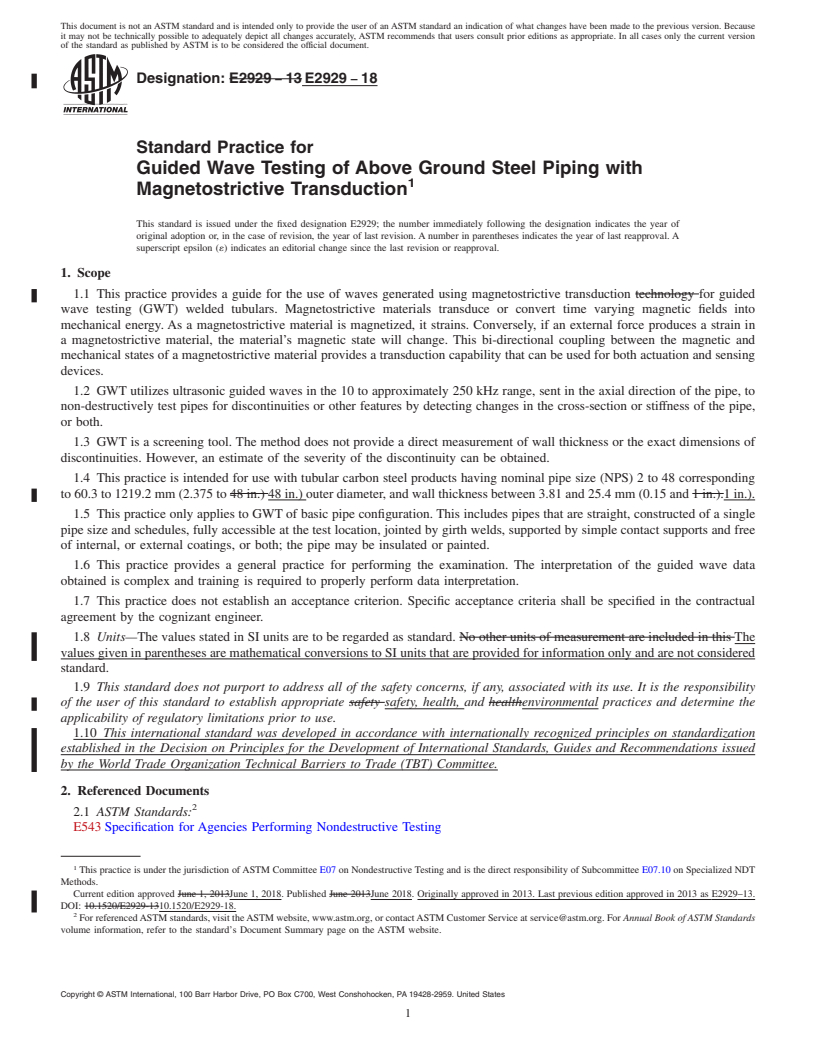 REDLINE ASTM E2929-18 - Standard Practice for Guided Wave Testing of Above Ground Steel Piping with Magnetostrictive  Transduction